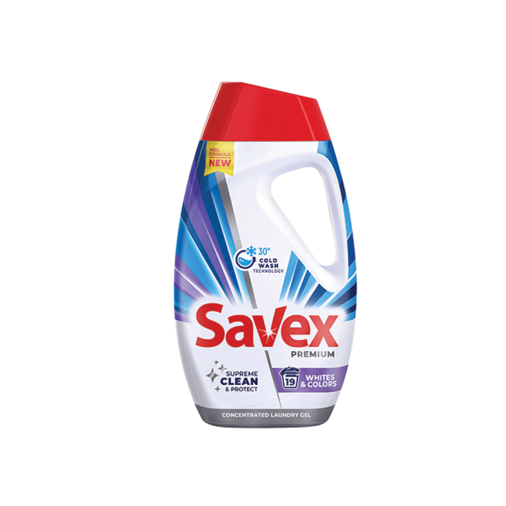 САВЕКС PREMIUM WHITES & COLOR SUPREME GLEAN & PROTECT гел за пране на бели и цветни тъкани при ниска температура 0.855 л /19 пр/