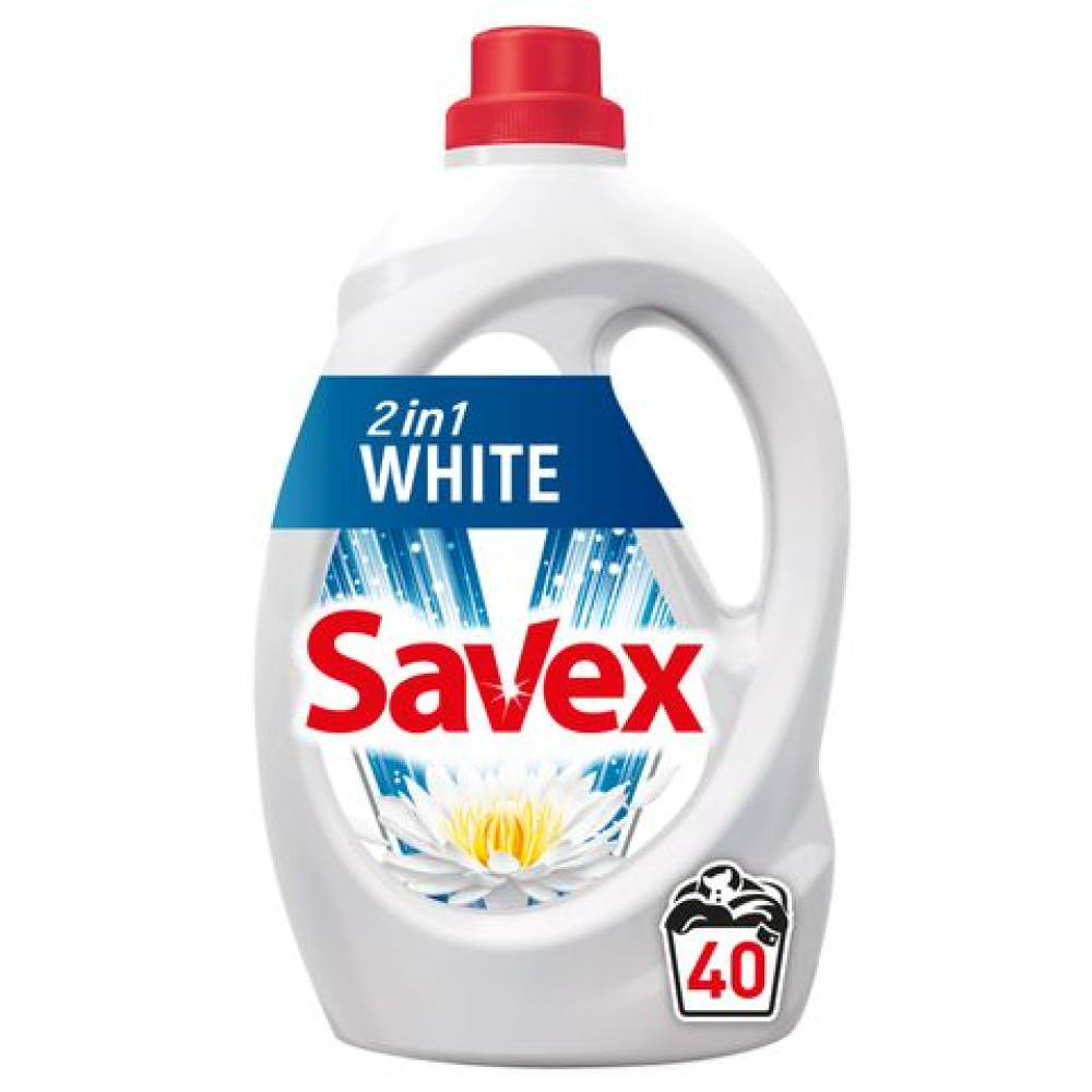 САВЕКС 2in1 WHITE течен перилен препарат за бели тъкани 2,2 л /40 пранета/ - Перилни препарати