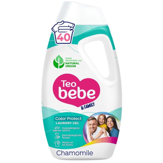TEO BEBE FAMILY CHAMOMILE гел за пране за цветни дрехи на цялото семейство с аромат на Лайка 1.8 л /40 пранета/