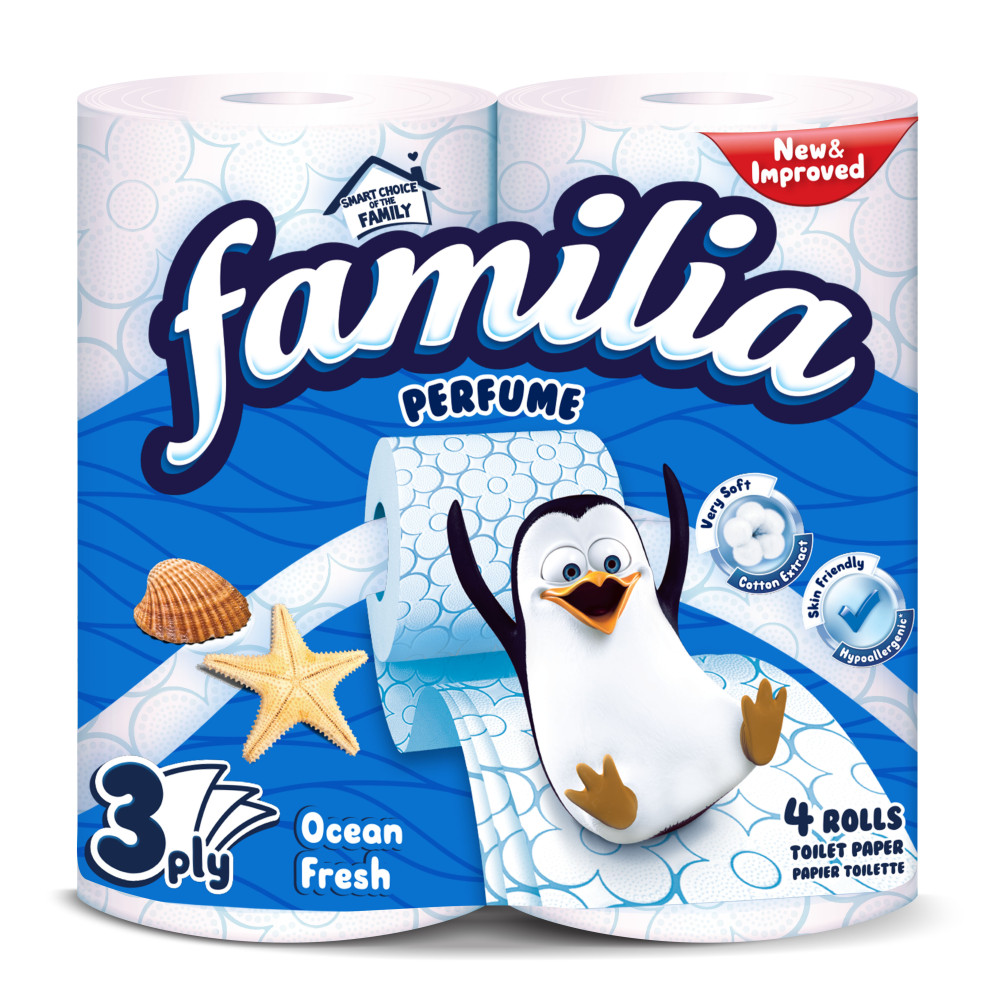 ФАМИЛИЯ ТОАЛЕТНА ХАРТИЯ OCEAN FRESH /синя/ х 4 бр - За баня и WC