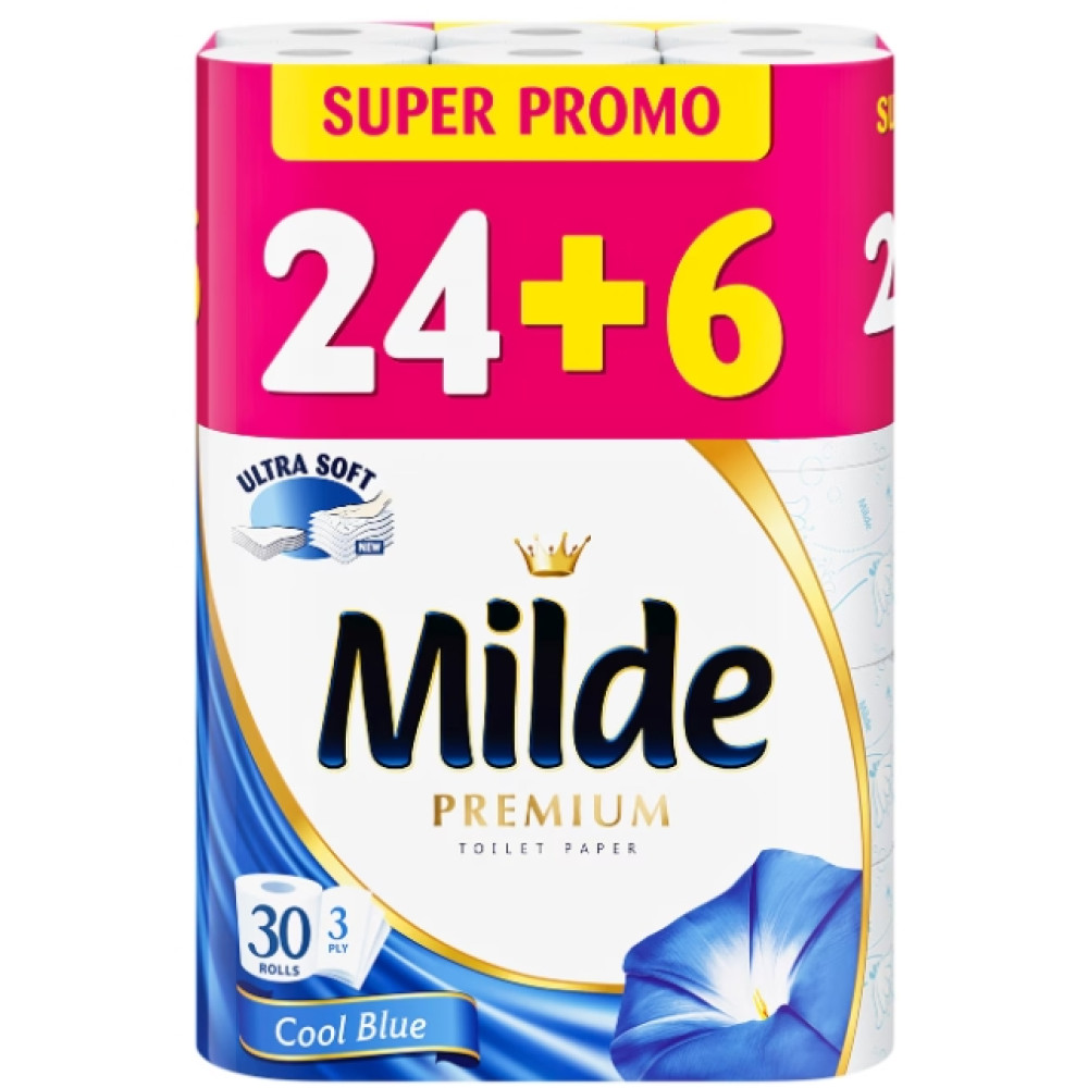 ТОАЛЕТНА ХАРТИЯ МИЛДЕ PREMIUM SENSITIVE ПРОМО х 24 + 6 /30/ бр - За баня и WC