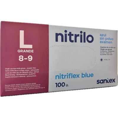 РЪКАВИЦИ НИТРИЛНИ НЕСТЕРИЛНИ NITRILO NITRIFLEX BLUE L 8-9 х 100 бр SANTEX