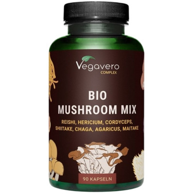 BIO MUSHROOM MIX Комплекс от 7 гъби (рейши,лъвска грива,кордицепс,шийтаке,чага,агарикус,майтаке) капс х 90 бр VEGAVERO