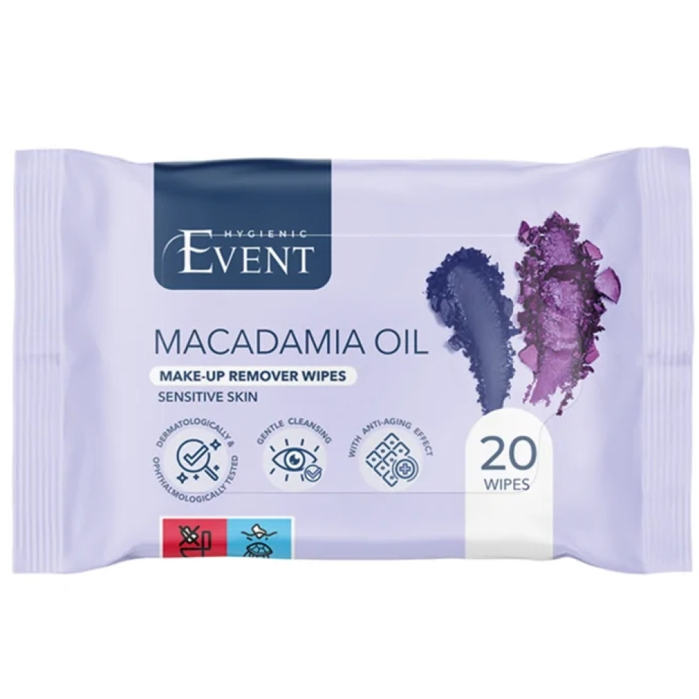 ЕВЕНТ MACADAMIA OIL MAKE-UP REMOVER WIPES мокри кърпички за грим за чувствителна кожа х 20 бр - Декоративна козметика