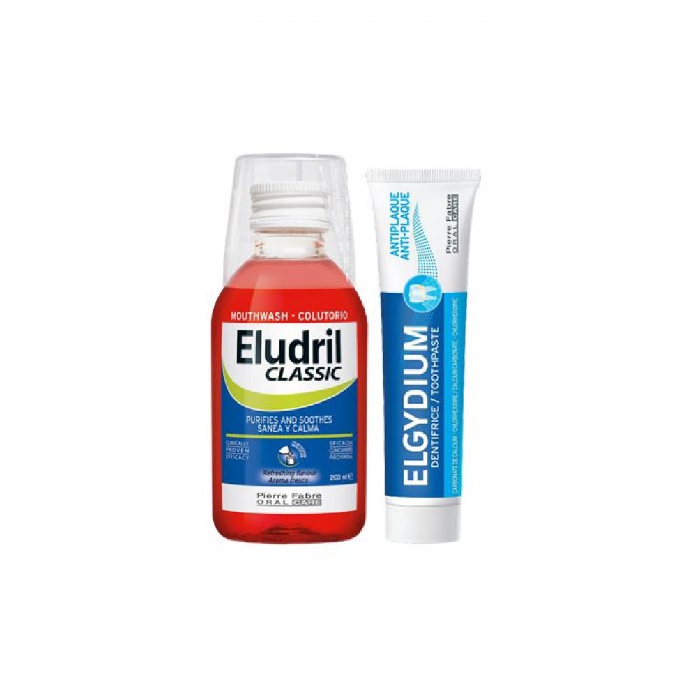 Eludril Classic вода за уста – концентрат, който почиства и успокоява 200мл. + Elgydium паста за зъби антиплака 50мл. -