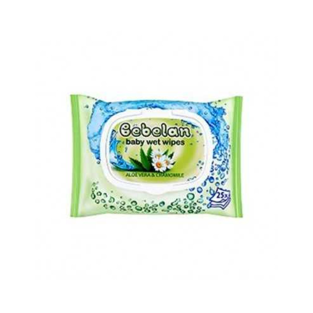Baby Wet Wipes Bebelan Aloe and Chamomile with lid 25 pcs / Кърпи мокри Бебелан Алое и Лайка с капак 25 бр - Мокри кърпи/сухи