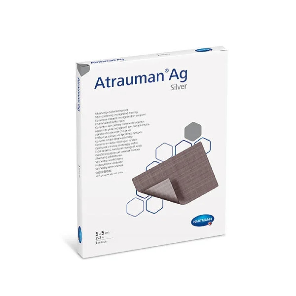 Hartmann Atrauman Ag мазева превръзка с контактен слой, импрегниран със сребро 5см/5см х 3 броя -
