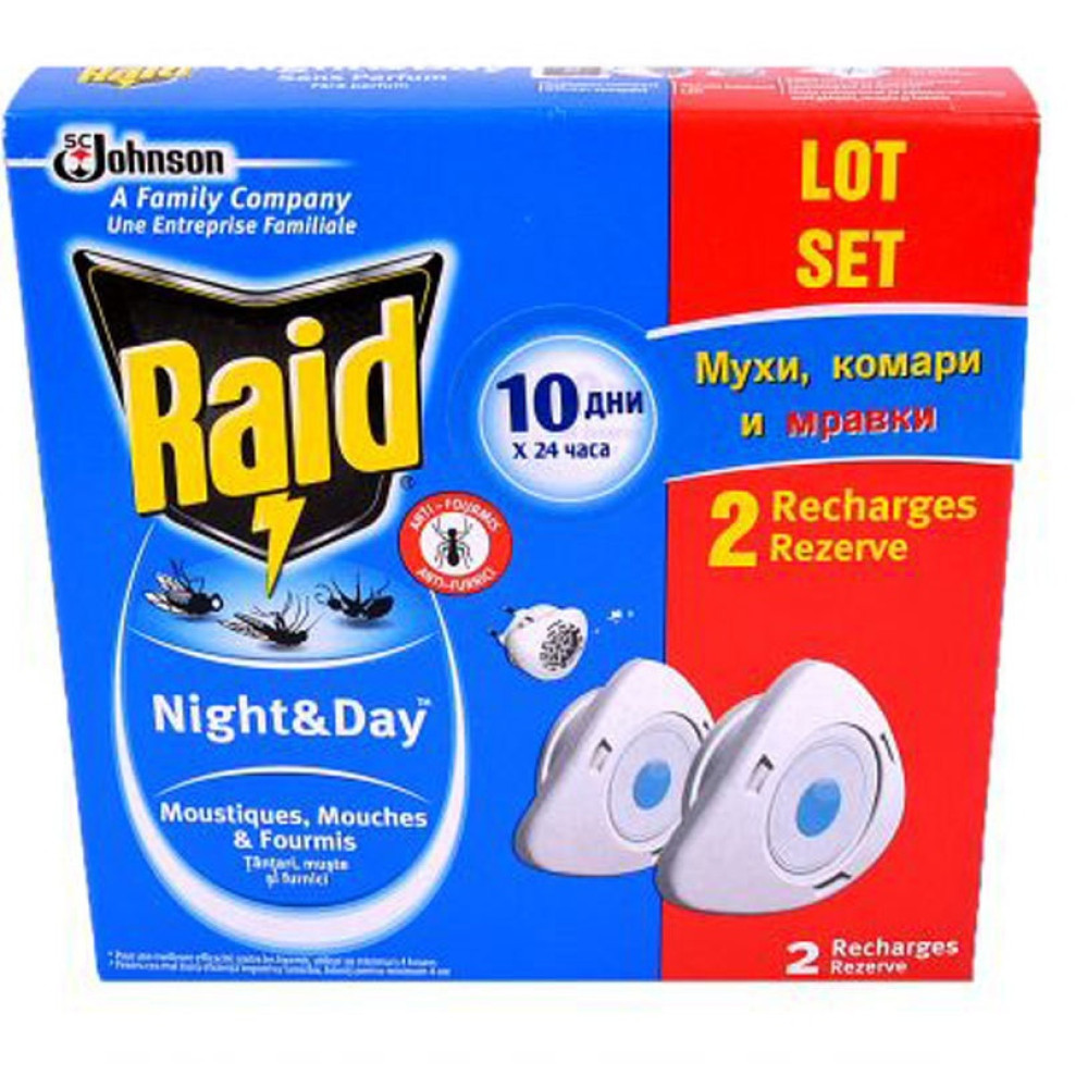 Raid Night & Day електрически изпарител срещу мухи, комари и мравки - 2 устройства и един пълнител -