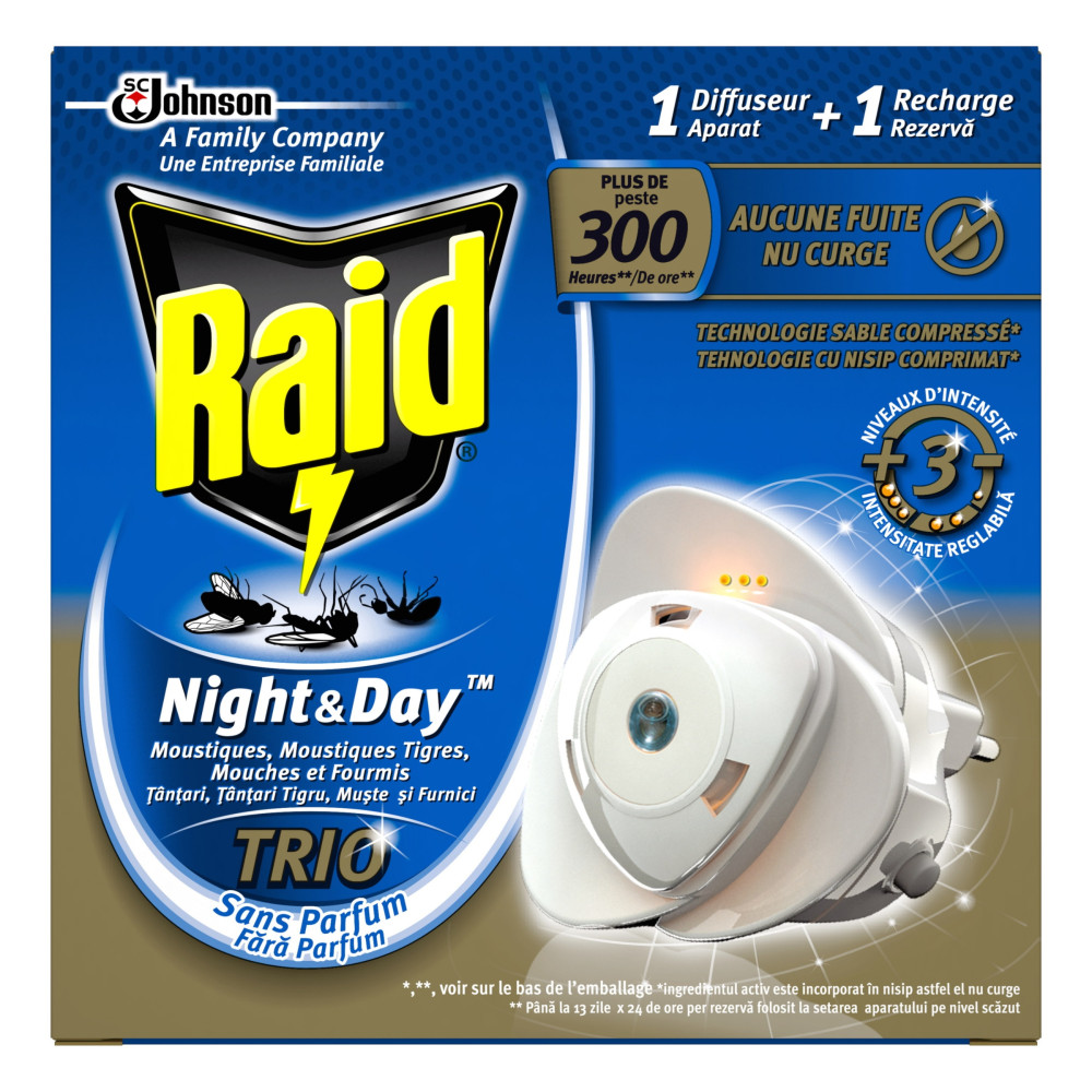 Raid Night & Day Trio  електрически изпарител срещу мухи, комари и мравки - 1 устройство и 1 пълнител -