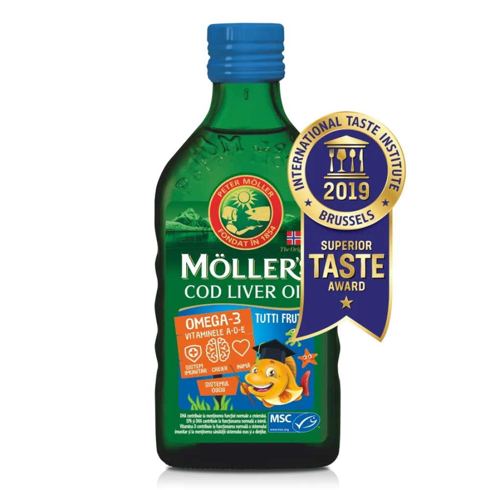 Норвежко масло от черен дроб на риба треска, с Омега-3, вкус-плодове, 250мл, Moller's -