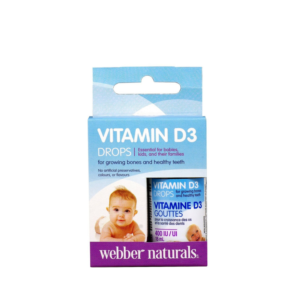 Витамин D3 капки за бебе, 400 IU, за здрави кости и зъби, 15мл, Webber -